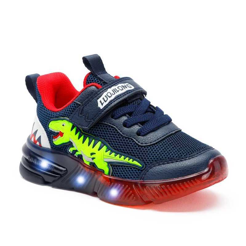 EXDINO Dinosaur 2-6 Childrens LED T-REX Mesh Autumn New Light Up Shoes Boys Little Kids Outdoor Casual Glowing Sports Sneakers Z250217