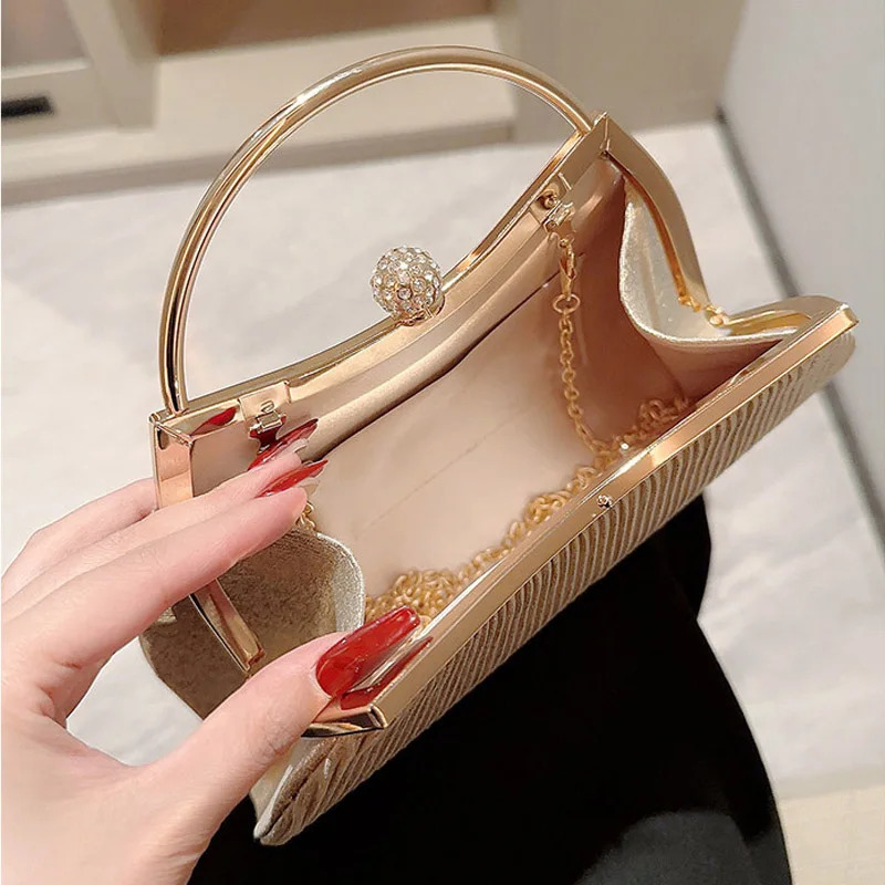 Pleated Evening Handbag Women Top Handle Glitter Day Clutch Ladies Wedding Dinner Dressed Clip Bag Diamond Party Purse Gold 250213