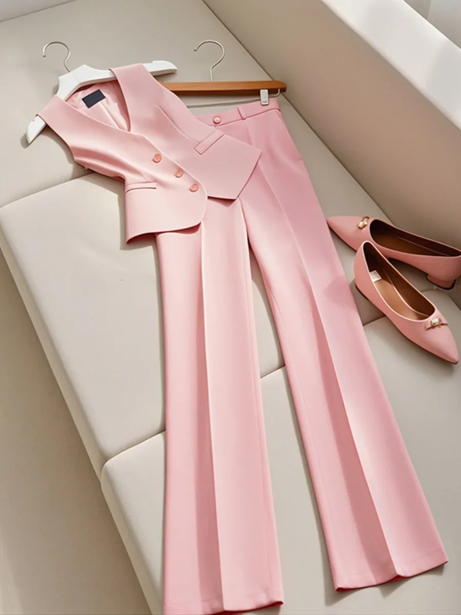 Korean Drama Dressing Style High-end Pink Professional Suit Vest Pants Summer Fashion Two Piece Set Women Outfits 250206