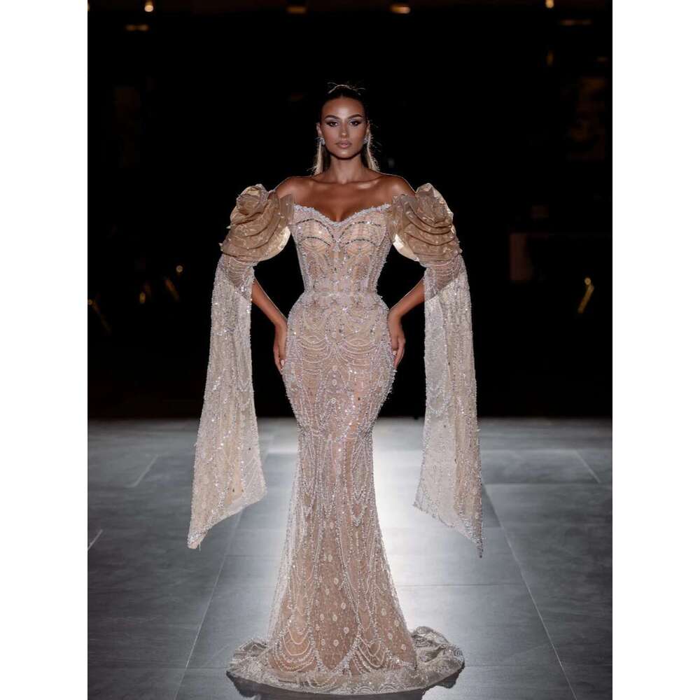 Embroidery Fashion Beaded Pearl Evening Dress Urious Off The Shoulder Tail Mermaid Customized Sexy Prom Gown Party Formal