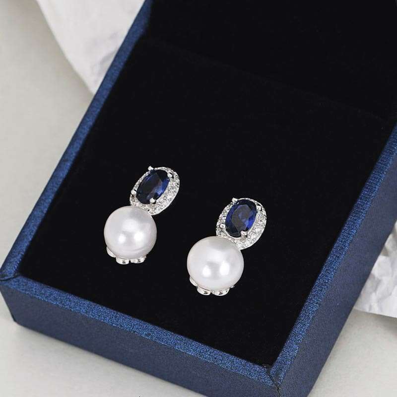 Tiqi S pure sier French freshwater pearl with women's palace style and blue zirconium inlay, niche high-end earrings