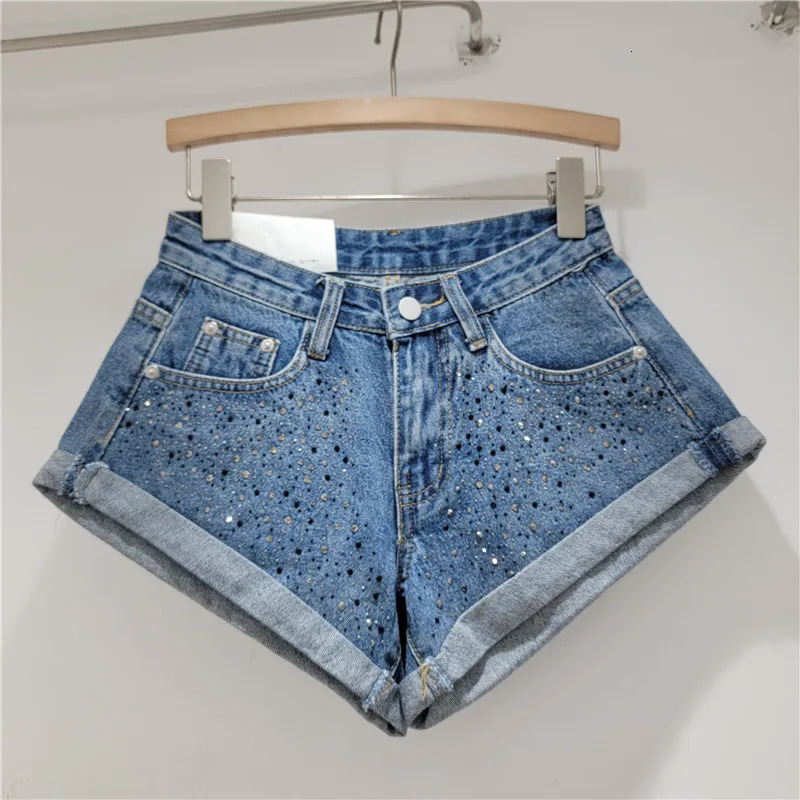 Fashion Retro Rhinestone Denim Shorts Women Summer A- Line Wide Leg Short Pants Ultra Short Booty Shorts for s 250217