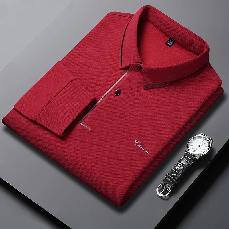 mens business casual long sleeved shirt with badge solid color polo fashionable breathable and comfortable lapel top 250219
