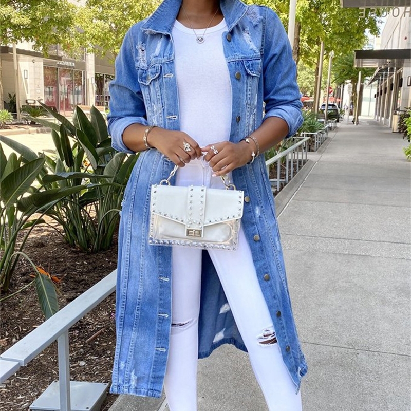 Women Jackets Autumn And Winter New Denim Long Windbreaker Coat Hole Denim Coat Female
