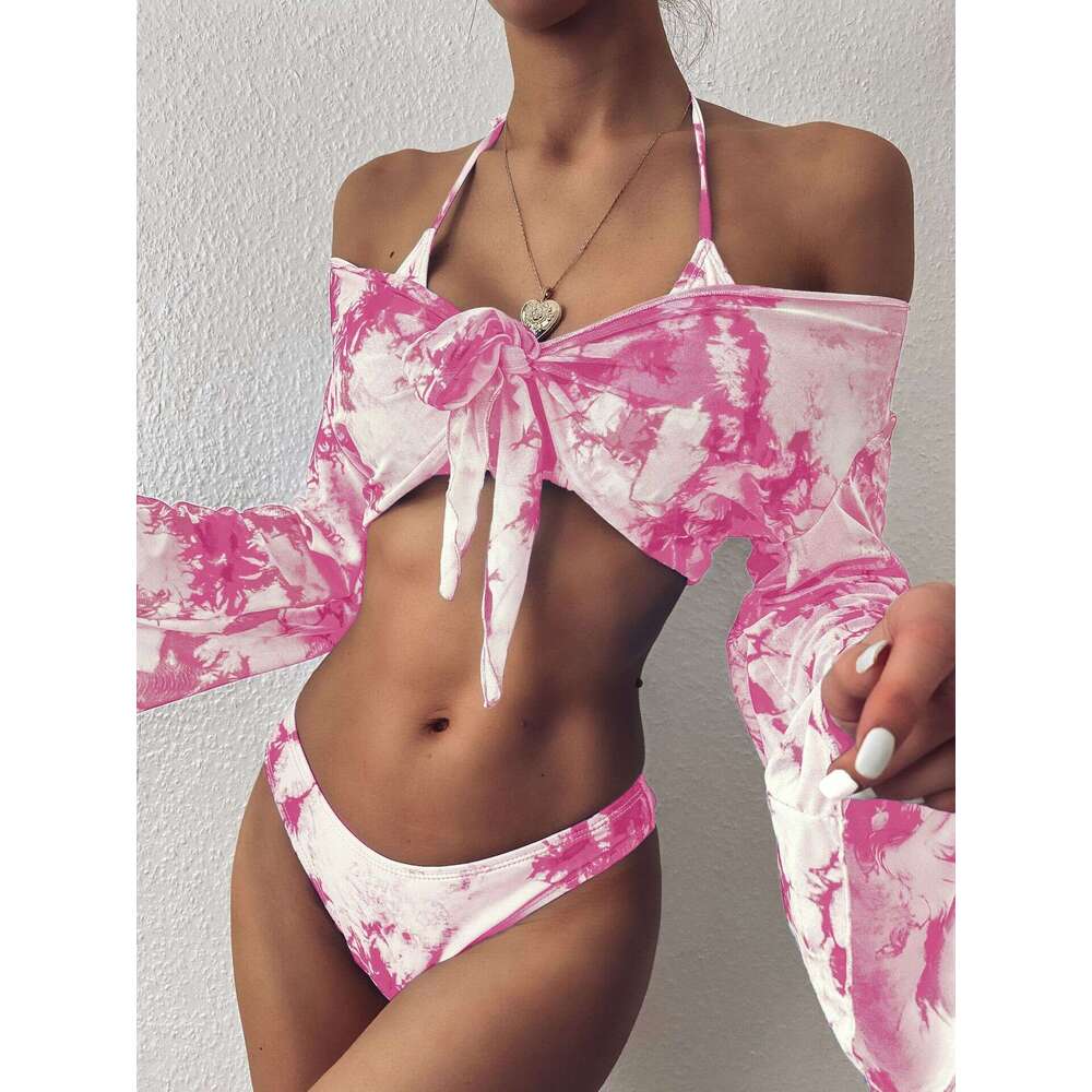 European American tie dye women's split swimsuit sexy long sleeved three piece set leopard print bikini 2025 new style chic and elegant clothing