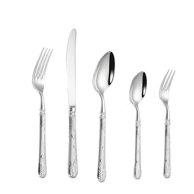 5Pcs Highgrade 304 stainless steel west tableware forging wheat ear knife fork spoon thick set 250212