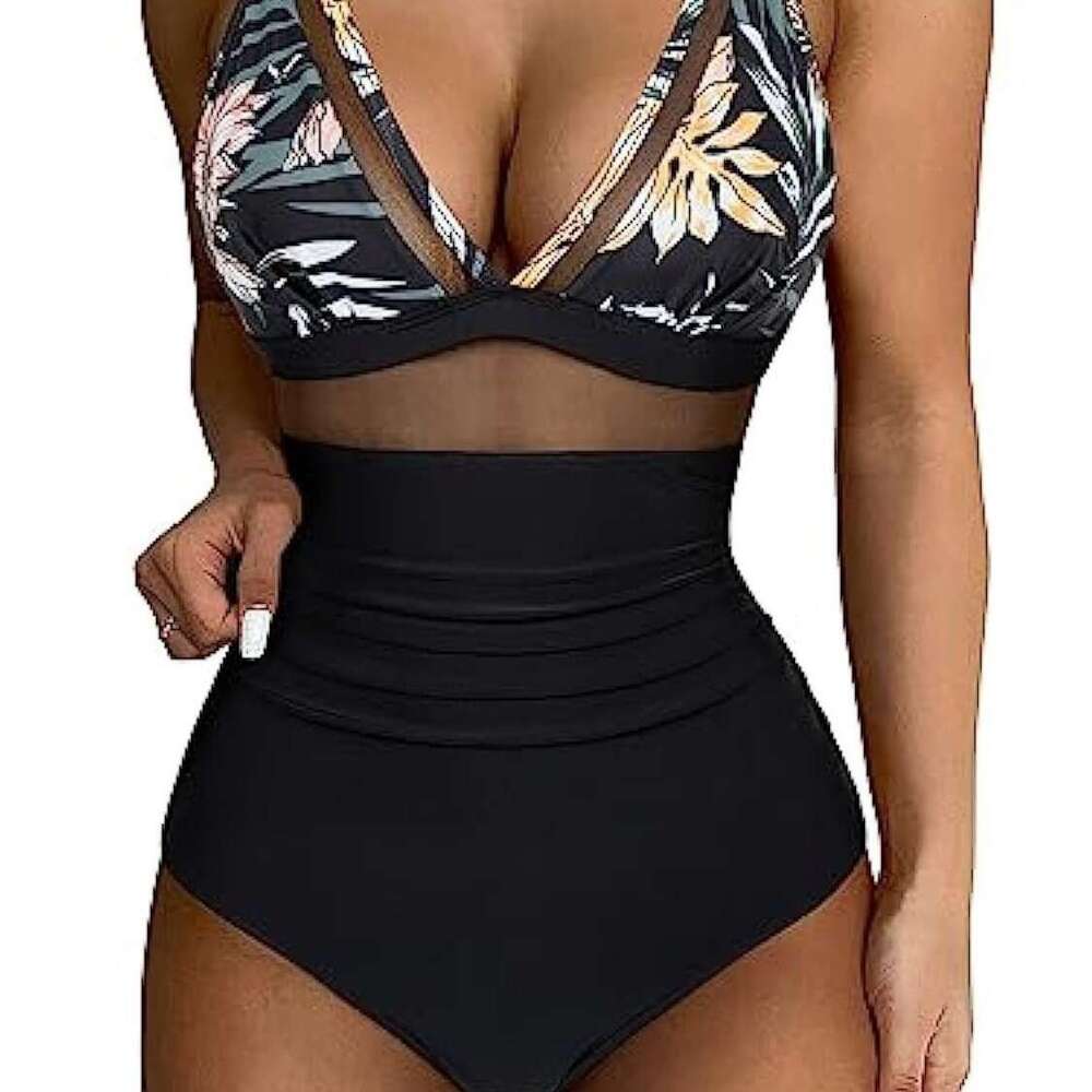 European and American popular one-piece swimsuit, y hollow mesh deep v gathering perspective bikini 2025 new casual versatile fashion clothing