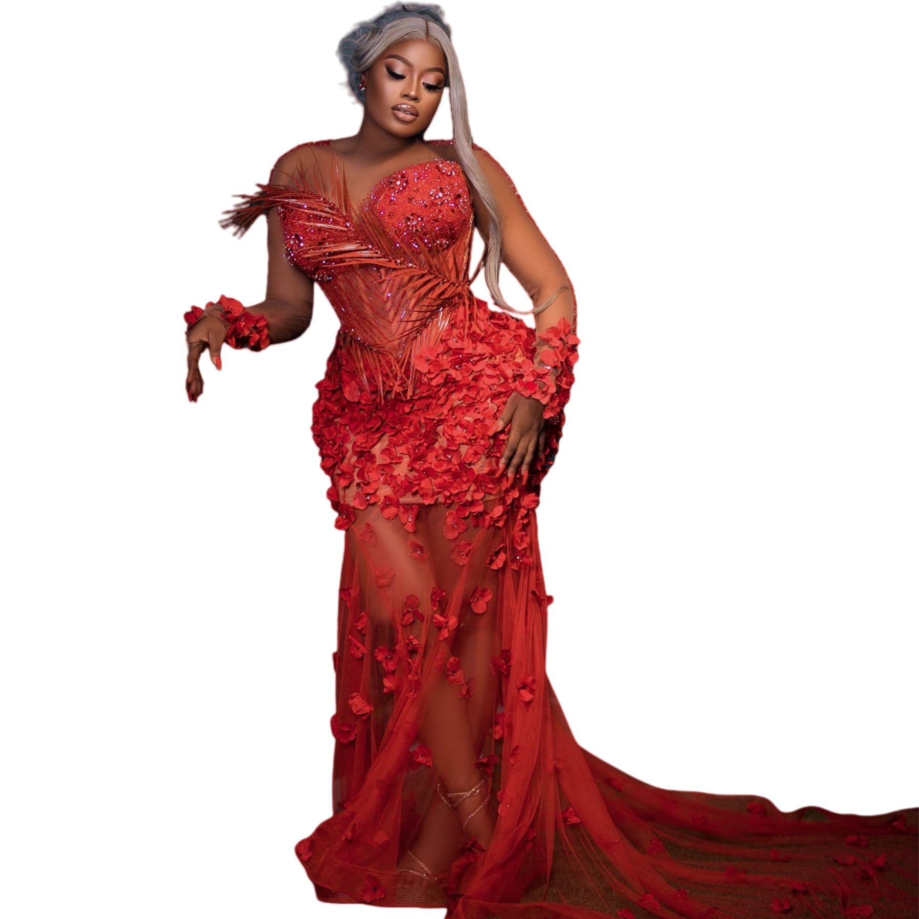 Aso Ebi 2025 Red Mermaid Prom Dresses Floral Flowers Beaded Crystals Illusion Evening Formal Party Second Reception Birthday Gowns Dress For Special O