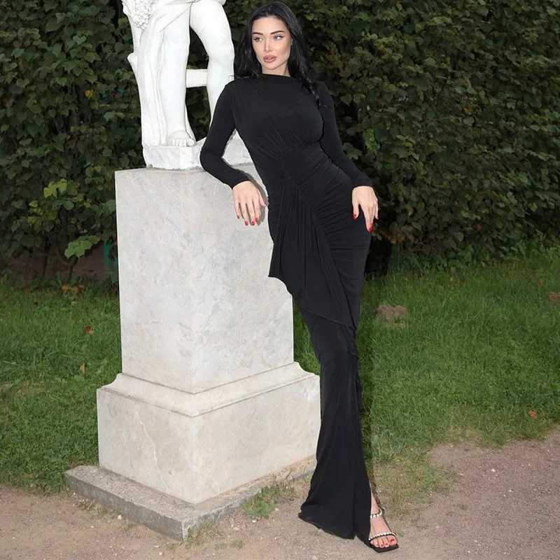 Basic Casual Dresses Lygens Solid Slim Elegant Evening Ruched Bandage Long Slve Maxi WomenS Dresses Fashion Dropshipping Plus Size Casual Clothing H25