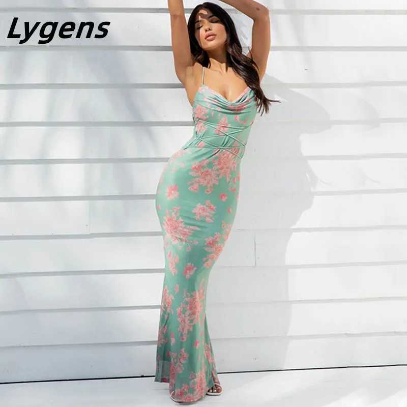 Basic Casual Dresses Lygens Floral Tie Dye Print Folds Bandage Slveless Elegant Women Dress Casual Vacation Party Prom Summer Wholesale Clothing H2521