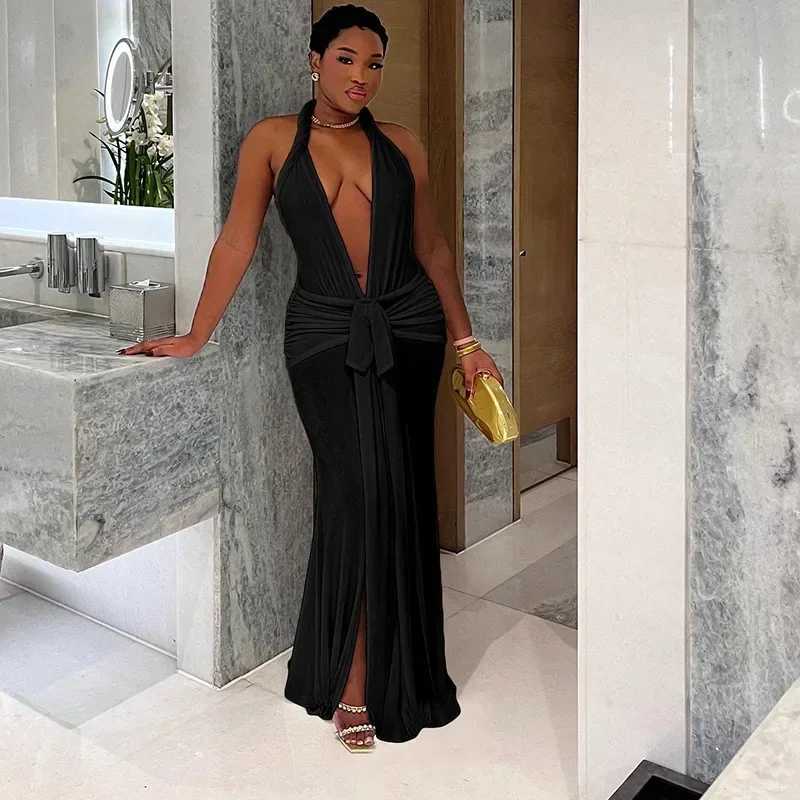 Basic Casual Dresses 2025 Spring Lace Up Ribbon Halter Backless Ruched Bodycon Maxi Evening Party Dress Sexy Dp V-neck Slveless Split Long Robe H25217