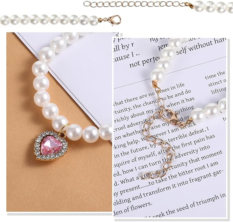 Fashion Dog Pearl Necklace with Pink Heart-Shaped Rhinestones and Small Rhinestones As a Pendant, Pet Neck Decoration for Small Medium Dogs, Adjustabl