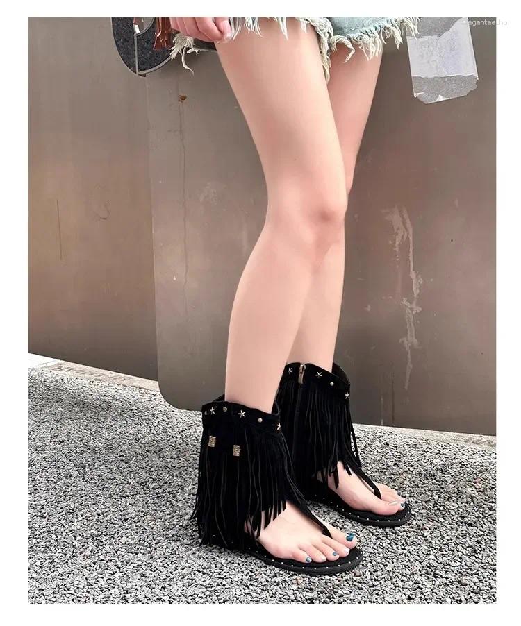 2025 S Fashion Designer Sandals Thick Soled Wedged Toe Roman Rivet Fringed Cool Boots Women S Summer Bohemian