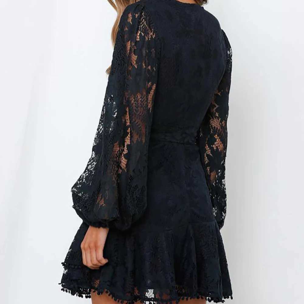 Basic Casual Dresses Gray/Orange Flutter Slve Wrap V Neck Floral Lace Short Dress for Women Summer Spring A Line Party Dress H25217