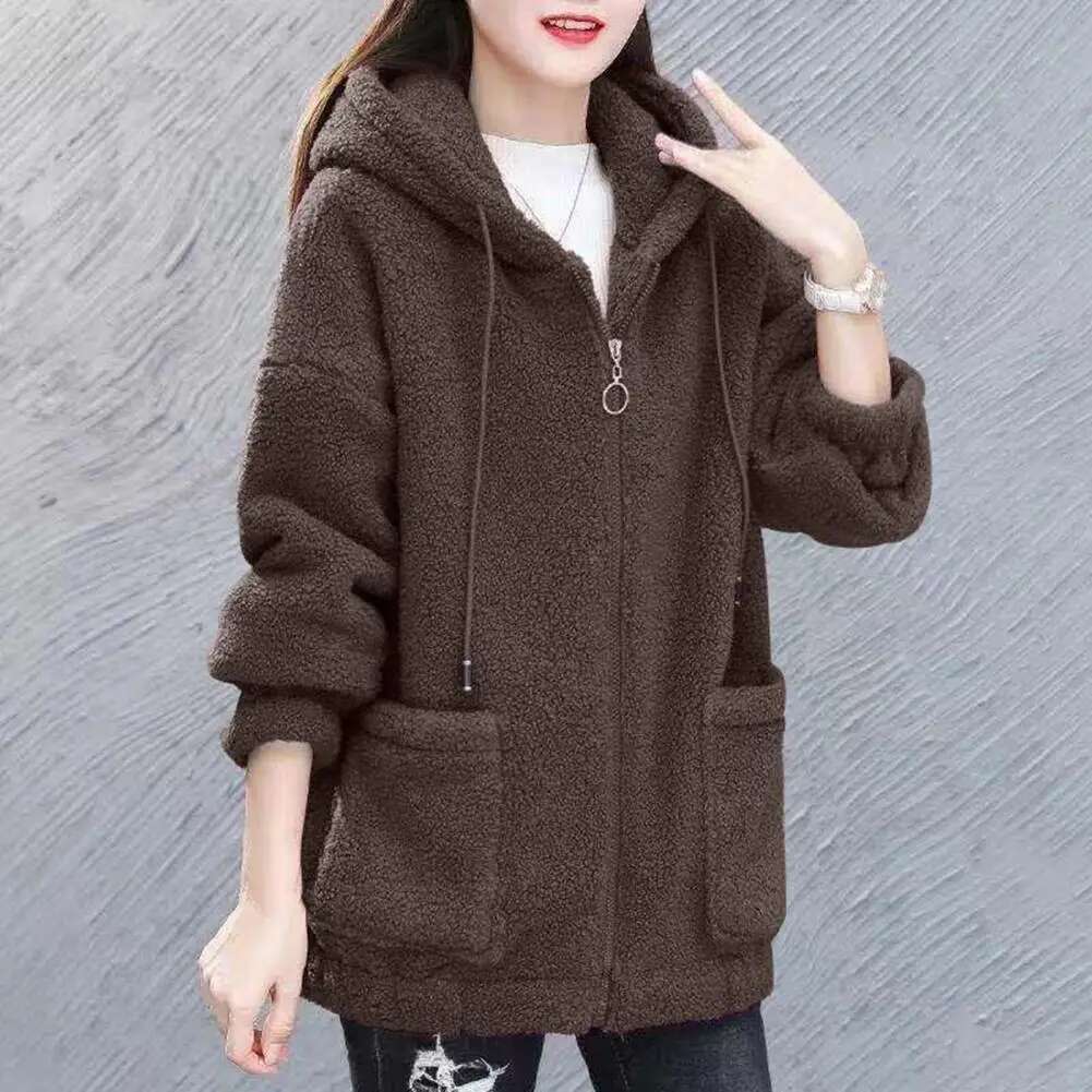 Women Autumn Winter Hooded Drawstring Coat Long Sleeve Pockets Zipper Placket Thick Plush Cardigan Outwear Streetwear