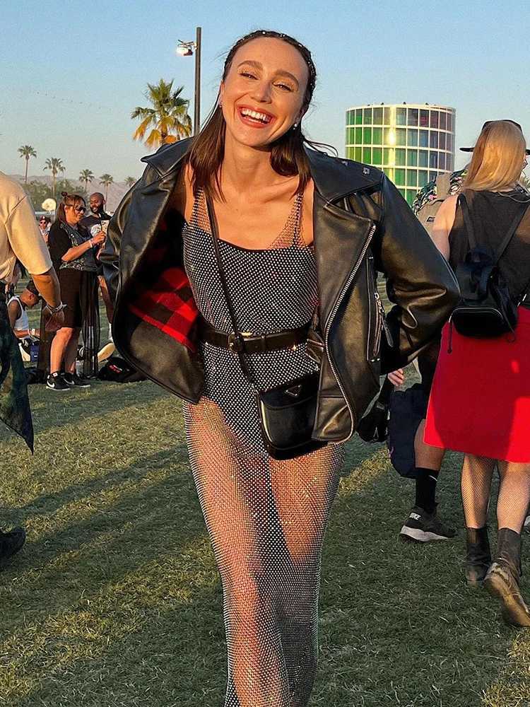 Basic Casual Dresses Fantoye Glitter Crystal Diamond Fishnet Women Dress Black Slveless S Through Maxi Dress Female Slim Hot Girl Party Clubwear H2521