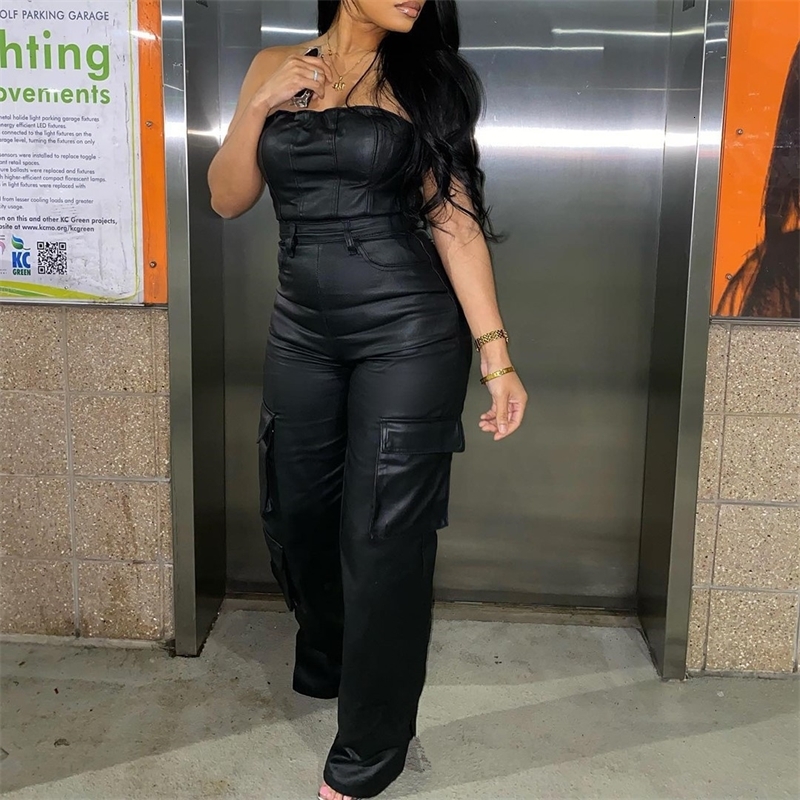 New Womens Jumpsuits 2025 Slim Sexy Off Shoulder Bra Tight Waist Wrapped Pu Leather Bodysuit 6 Colors