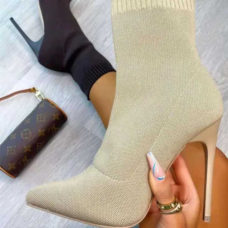 Luxury Women Socks Shoes Streh Fabric Women Ankle Boots Pointed Toe High Heels Slip- Sexy Sock Heeled Chelsea Boots SizeXJ250217
