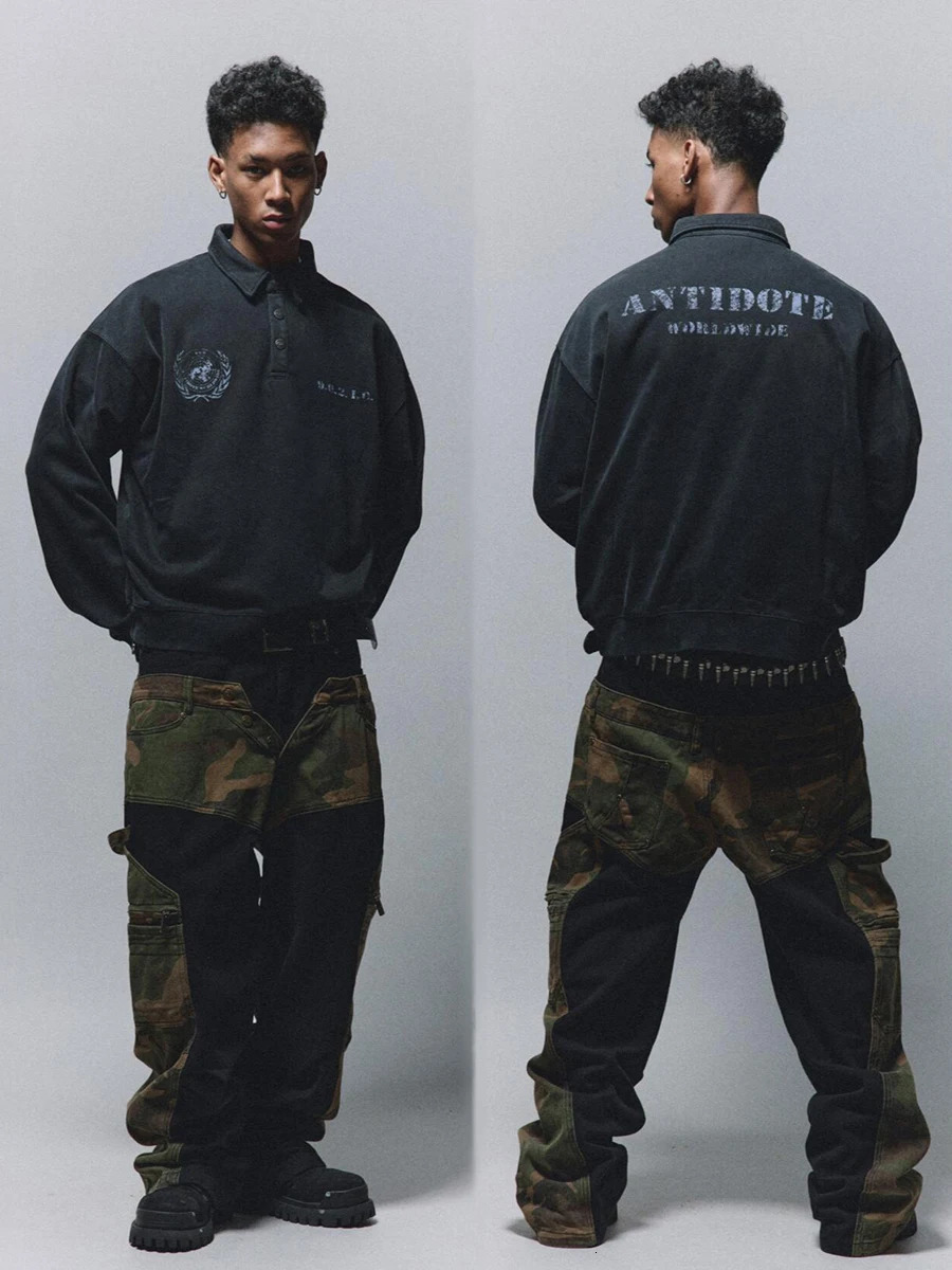 REDDACHIC Vintage Patchwork Camouflage Cargo Jeans Men Contrast Loose High Waist Hiphop Wide Leg Denim Pants Harajuku Streetwear 250217