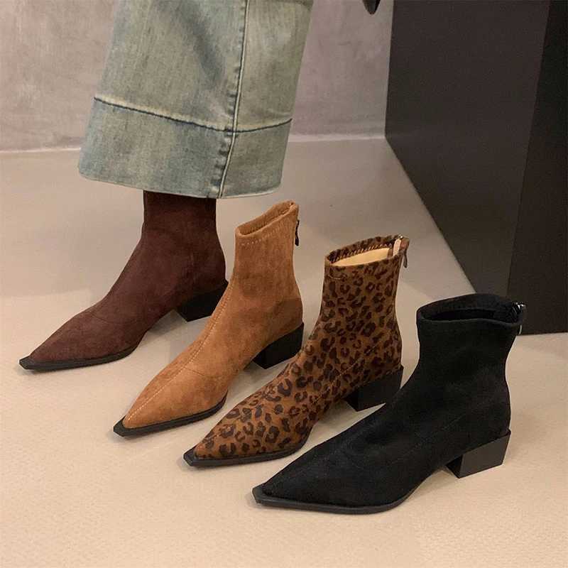 Designer Leopard Women Ankle Boots Fi Pointed Toe Short Booties Ladies Ccise Square Heels ShoesXJ250217