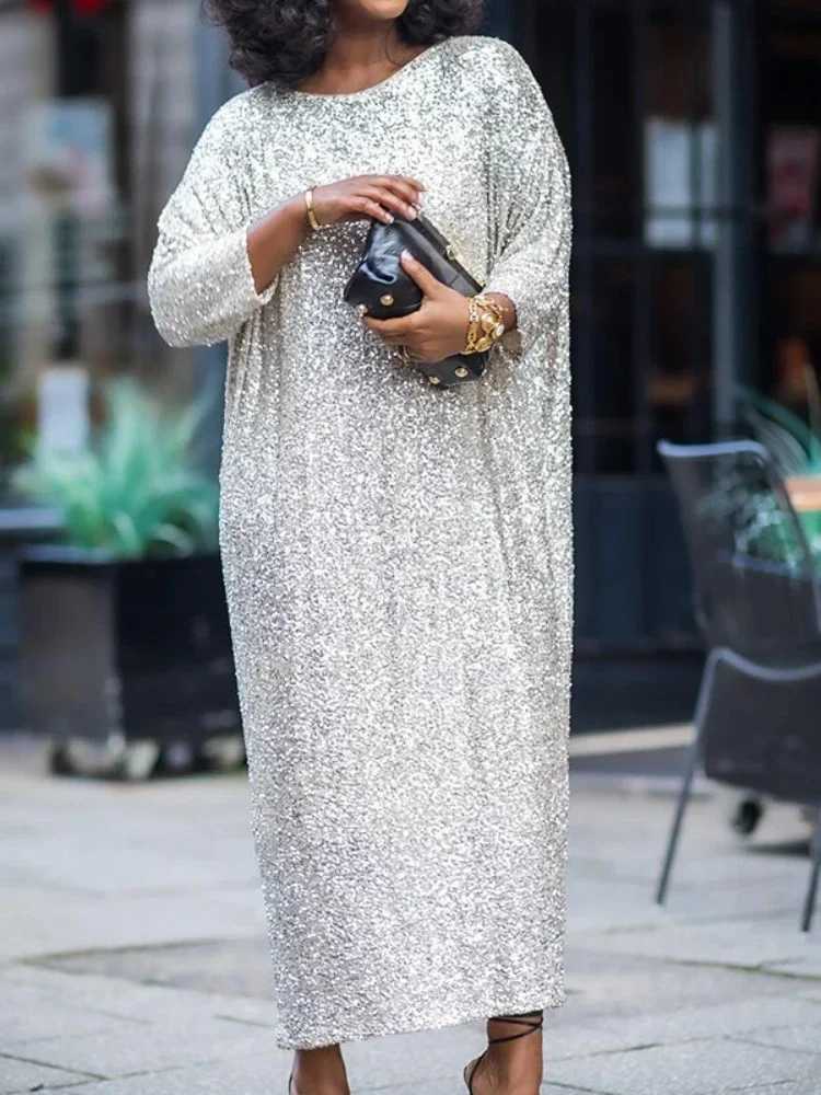 Basic Casual Dresses Women O-neck Thr Quarter Slve Straight Loose Birthday Silver Maxi Dress 2024 Evening Sexy Party Dresses Vestidos H25217