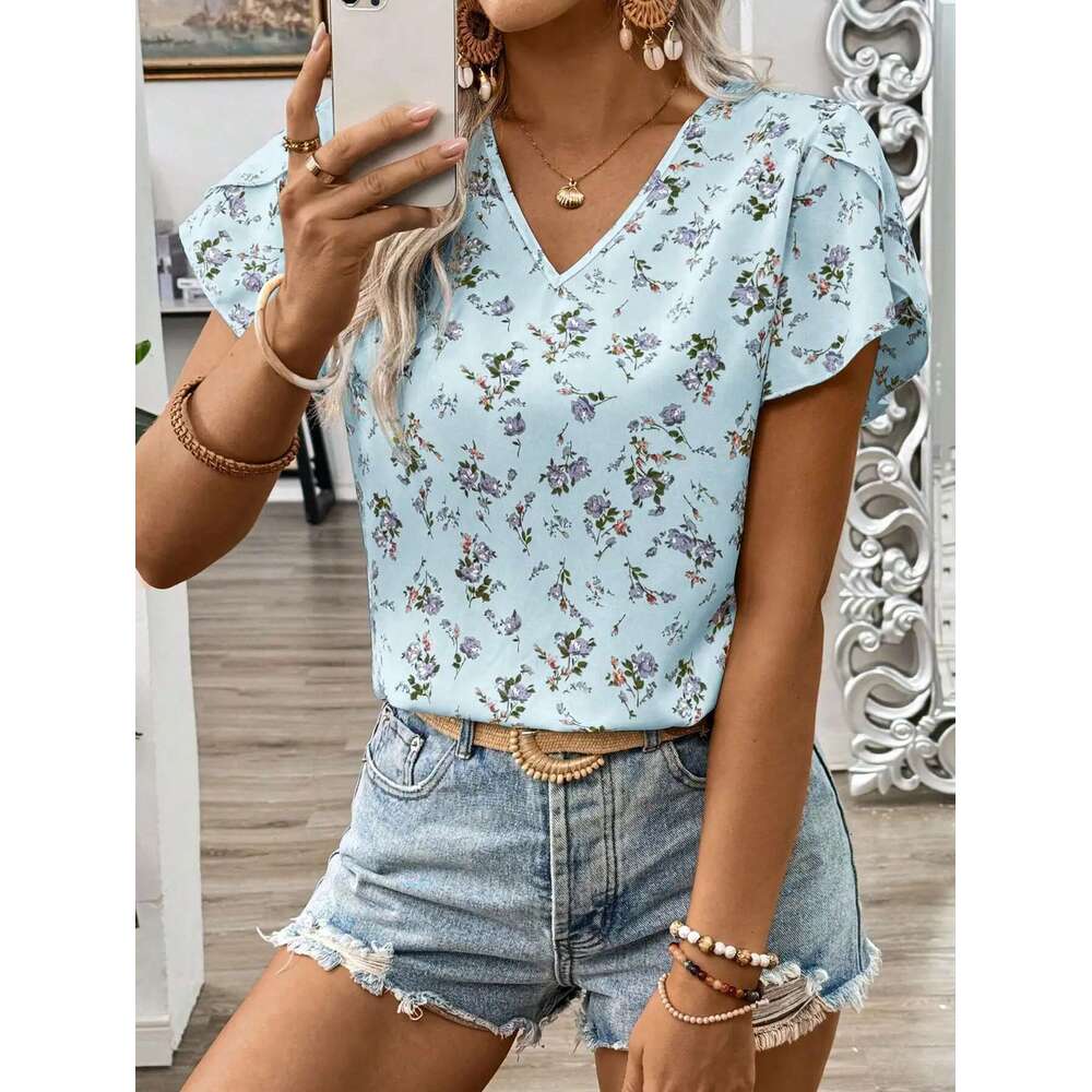 Elegant Casual Women's V-Neck Holiday Ruffled Short Sleeve Ral Summer Shirt For Women