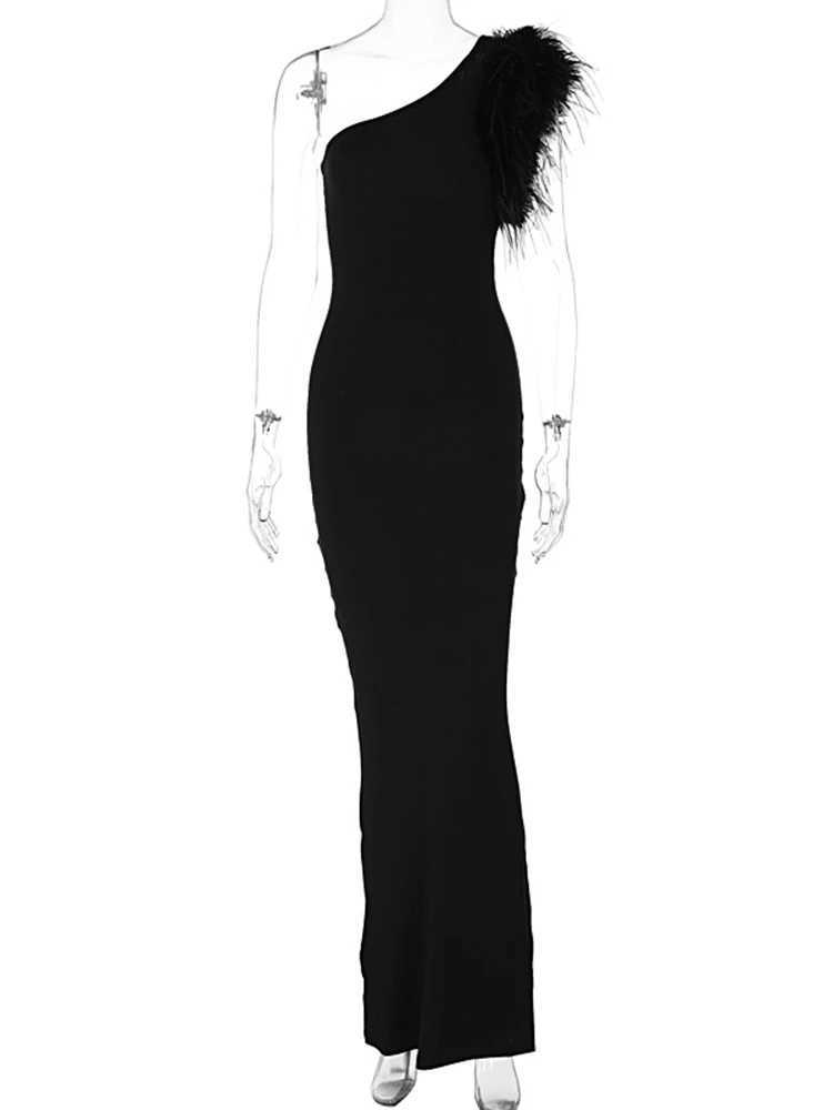 Basic Casual Dresses Dulzura Black Slveless One Shoulder Feather Maxi Dress For Women Bodycon Sexy Party Elegant Long Dress Birthday Evening Outfit H2