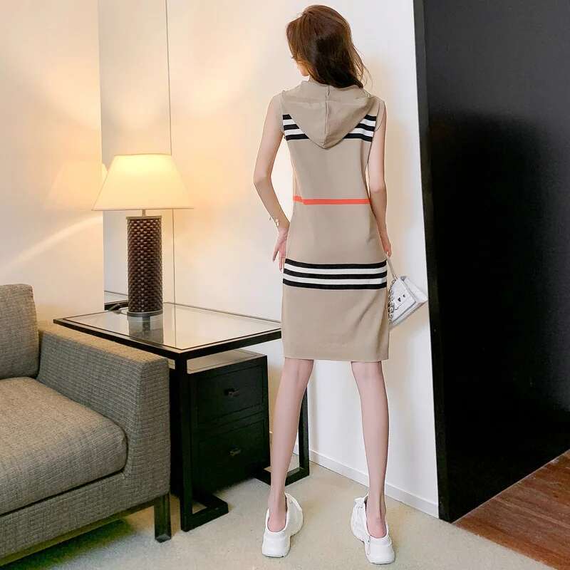Spring Summer Hooded Striped Knitted Dress Women Hong Kong Style Sweet Loose Midi Dresses