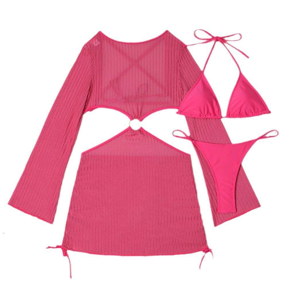 European and American special mesh hollow drawstring strap swimsuit bikini three piece set 2025 new casual versatile fashion clothing