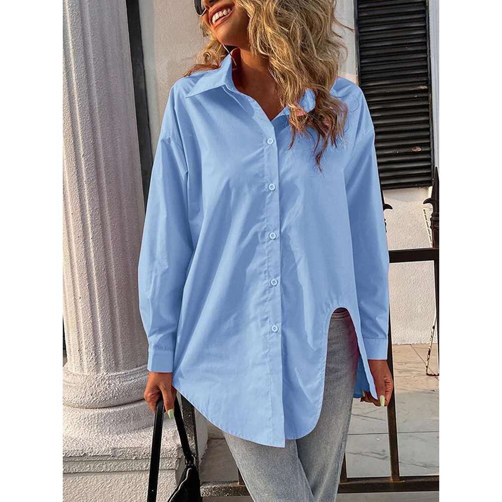 2024 Spring And Summer New Women's Solid Color Single Row Of Buttons Blouse Temperament Casual Round Neck T-Shirt Asymmetric