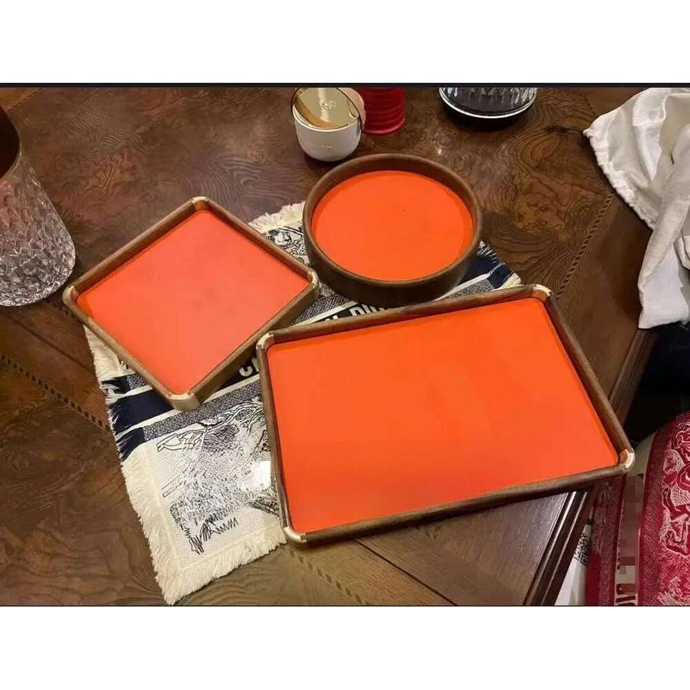 Black walnut tray with retro round square design for storing plants, fruits, and home decor - Classic Orange