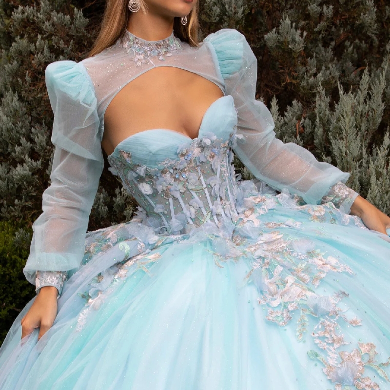 Water Blue Shiny Quinceanera Dresses Ball Gown Off The Shoulder Applique Lace Beads Corset Tull Party Birthday Swee 16 Dress Vestido 15 De Anos