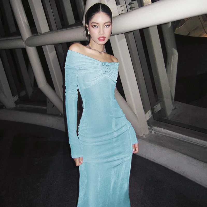 Basic Casual Dresses Lygens Off The Shoulder Floral Pattern Elegant Evening Shirring Prom Ladies Dresses 2024 Casual Clothes Y2K Fall Korean Clothes H