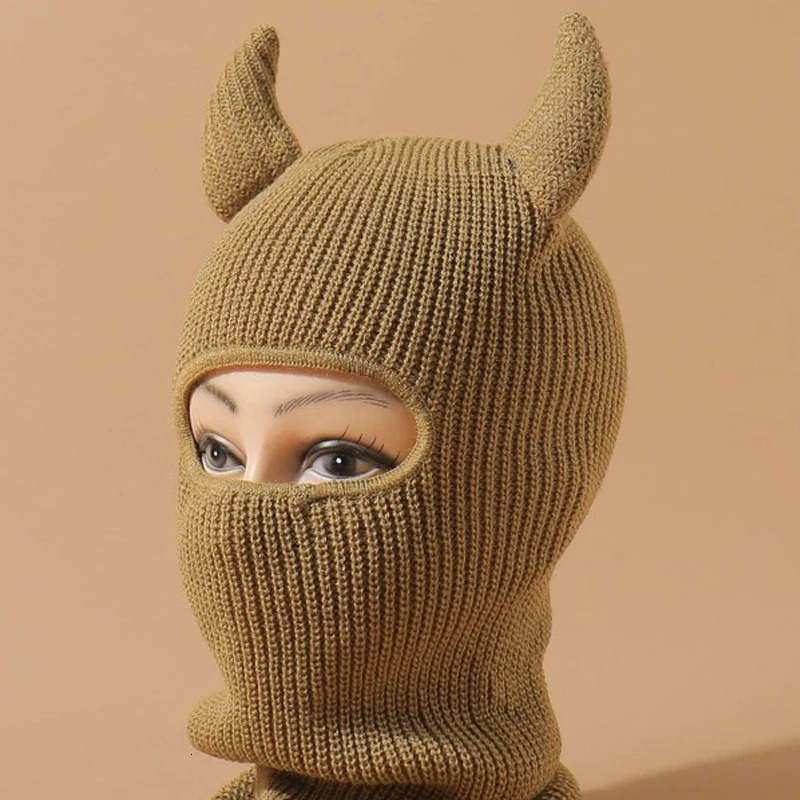 1pc Monster Ears Ski Mask Balaclava Solid Color Beanie Y2K Knit Hat Elastic Skull Hat Warm Outdoor Cycling Windproof Knitted 250218