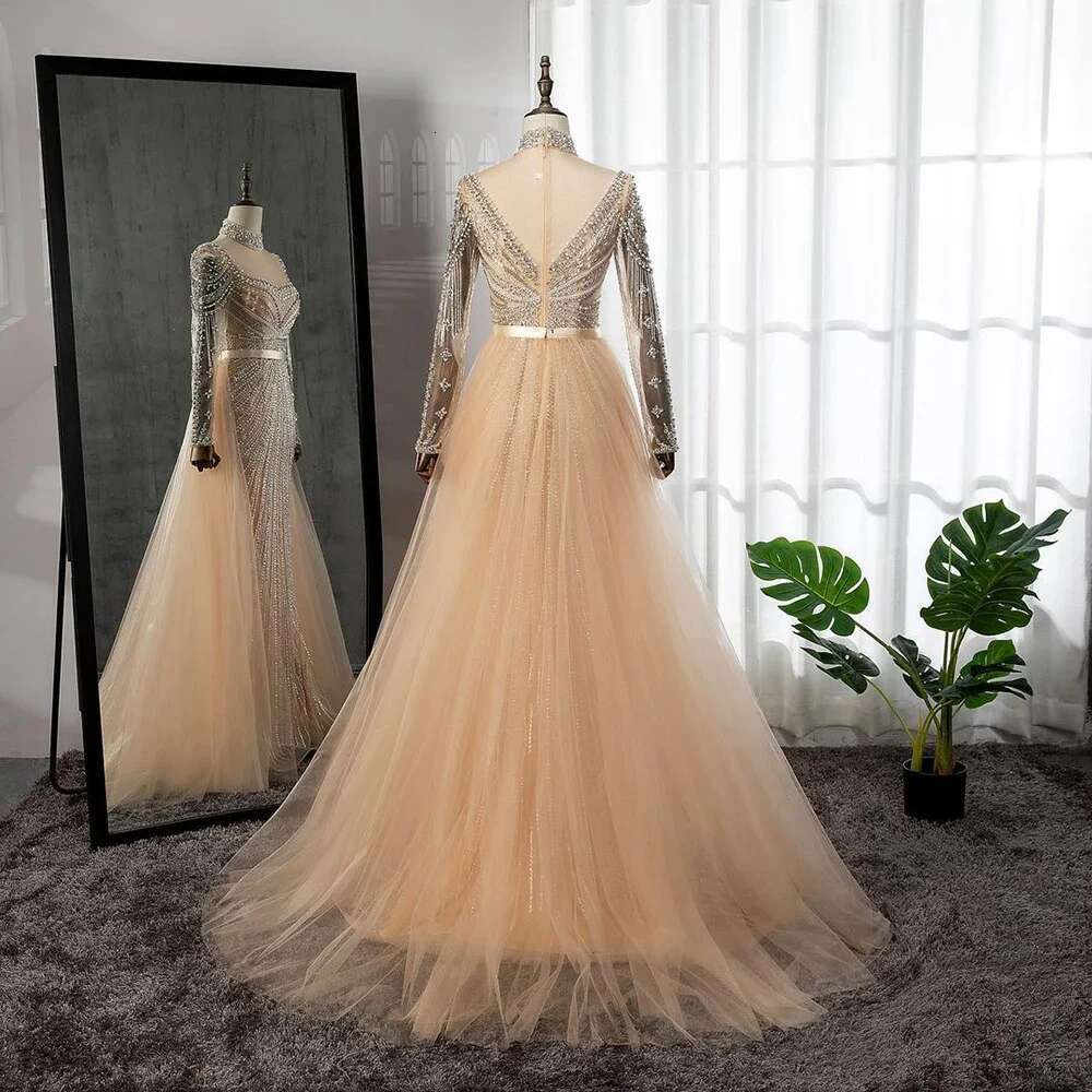 Muslim Nude Mermaid Elegant Evening Dresses Gowns Beaded Tassel Customize Party BLA