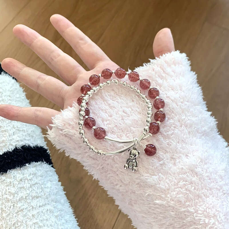 Tiqi Korean Double layer Strawberry Crystal Bracelet for Women S Pure Sier Vintage Bear Fashionable and Versatile Handmade Jewelry