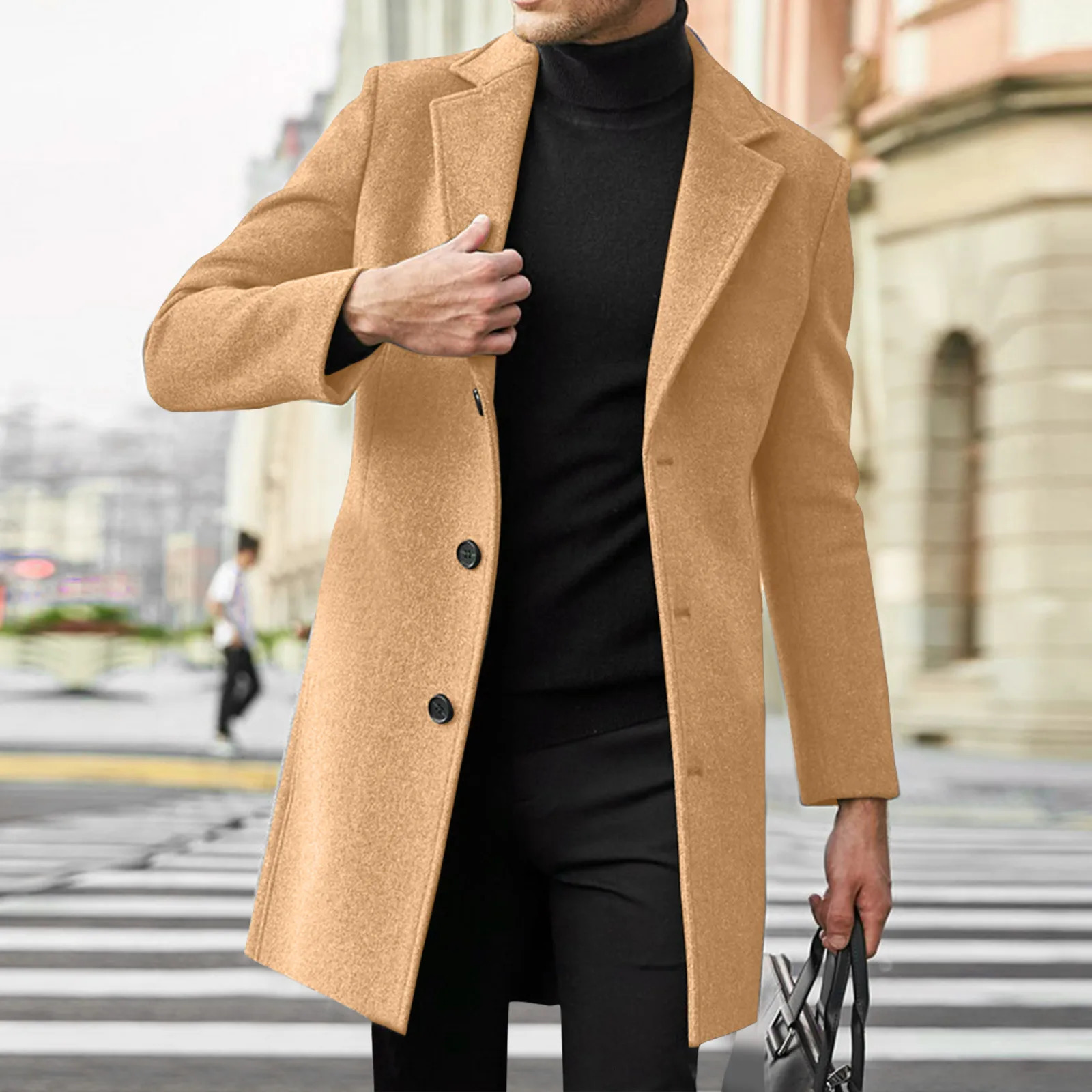 Mens fashionable slim fit single breasted wool coat trench elegant British autumn winter mens jacket 250218