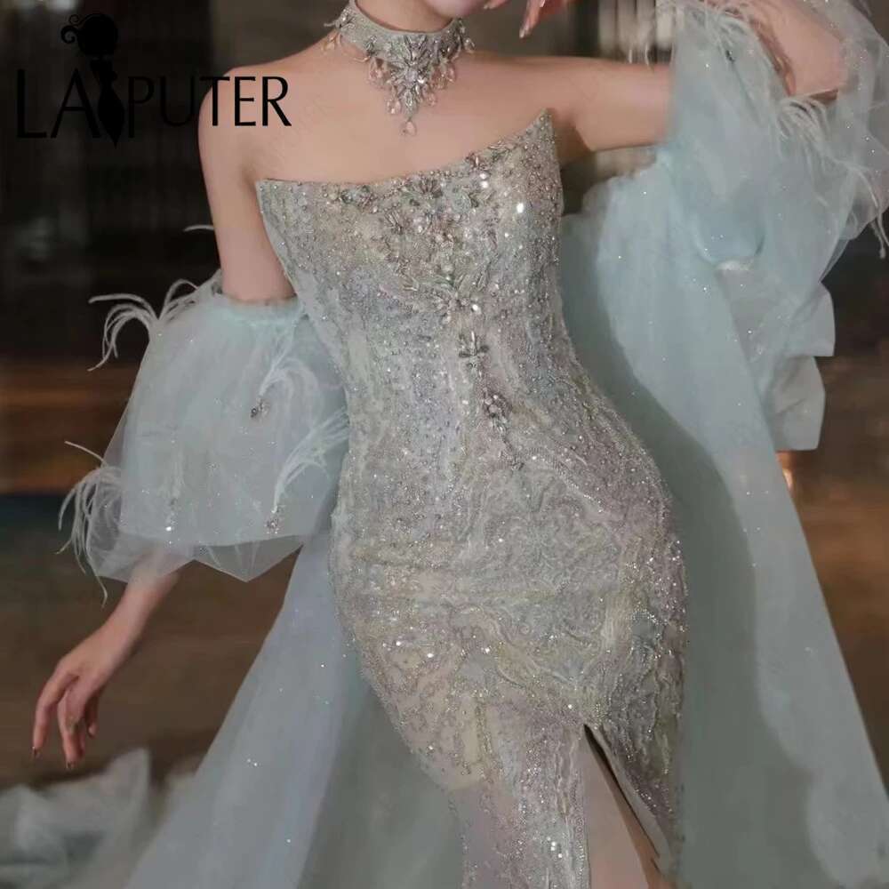 Sequin Blue Mermaid wedding dresses Sier Illusion Body Beaded Formal Dress Off Shoulder Side Sleeves Back Extra Cape Gown