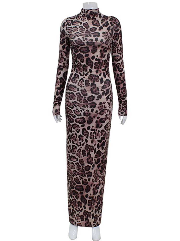 Basic Casual Dresses Ahagaga Fashion Sexy Leopard Printed Long Dresses Turtleneck Regular Casual Y2K Full Slve Slim Sheath Skinny Vestidos Robes H2521