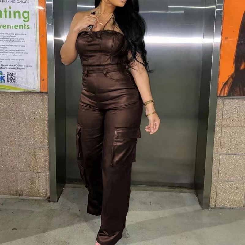 New Womens Jumpsuits 2025 Slim Sexy Off Shoulder Bra Tight Waist Wrapped Pu Leather Bodysuit 6 Colors