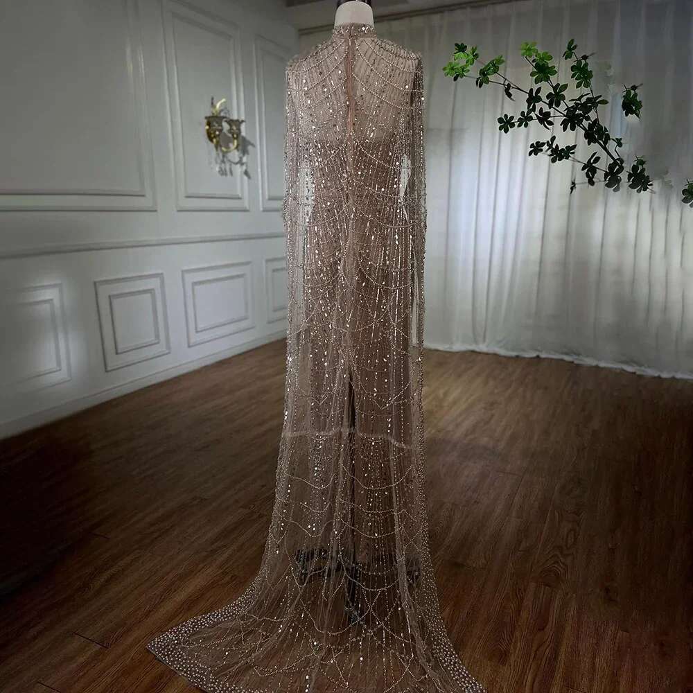 Nude Dubai Mermaid Elegant Long Cape Sleeves Arabia Beaded Evening Dresses Gown Customize Party LA