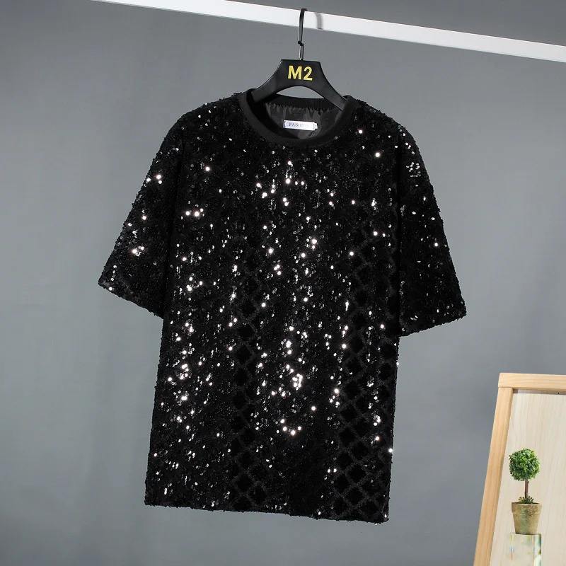 2025 Shiny Sequin Short Sleeve T-shirt Nightclub DJ Hip Hop Punk Tshirt Stage Costume Mens Harajuku Streetwear 250217
