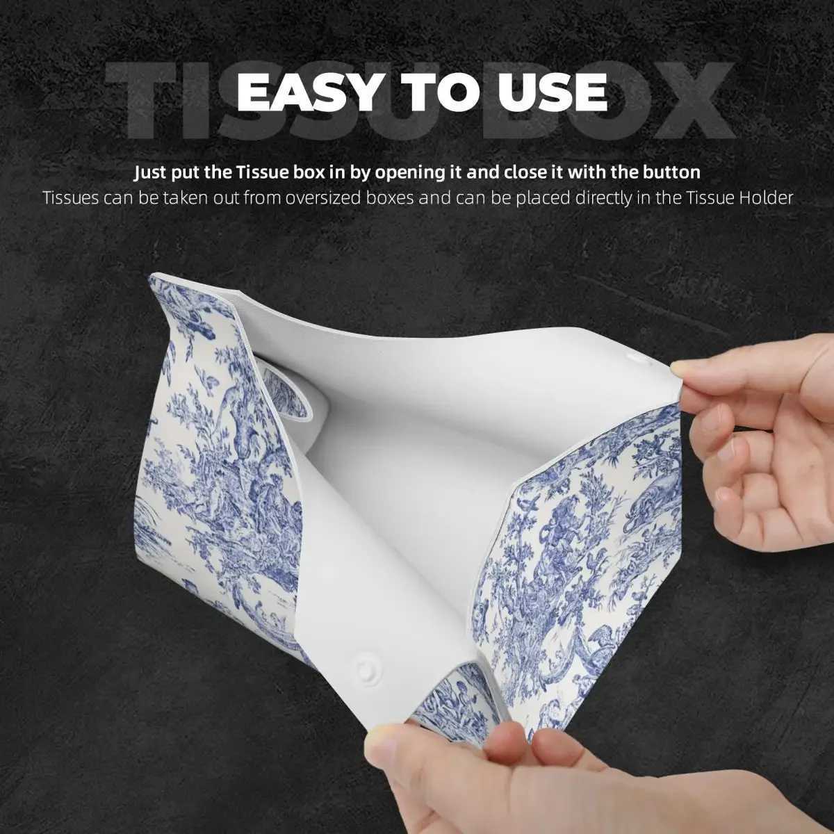 Cust Navy Blue Toile De Jouy Tissue Box Cover Rectangar PU Leather French Countryside Floral Facial Tissues Holder for Car Y250218