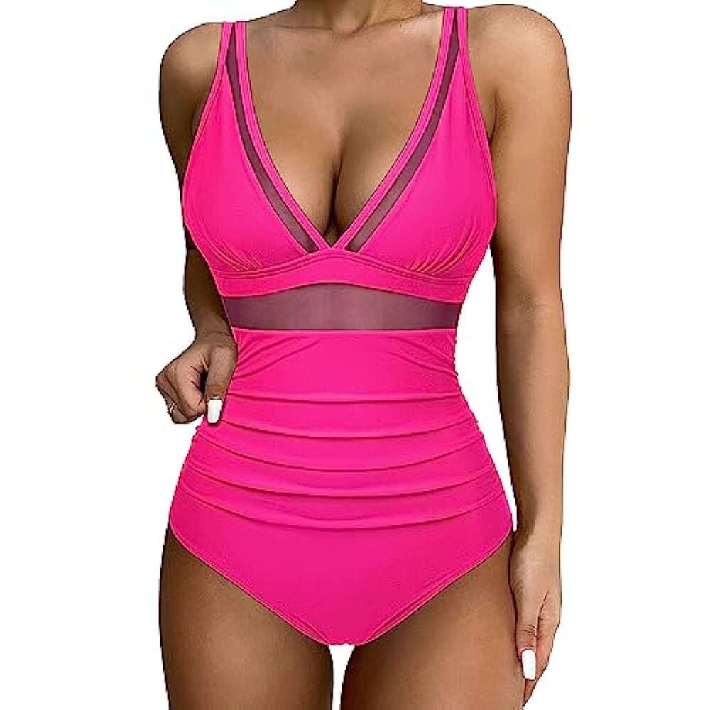 European and American popular one-piece swimsuit, y hollow mesh deep v gathering perspective bikini 2025 new casual versatile fashion clothing