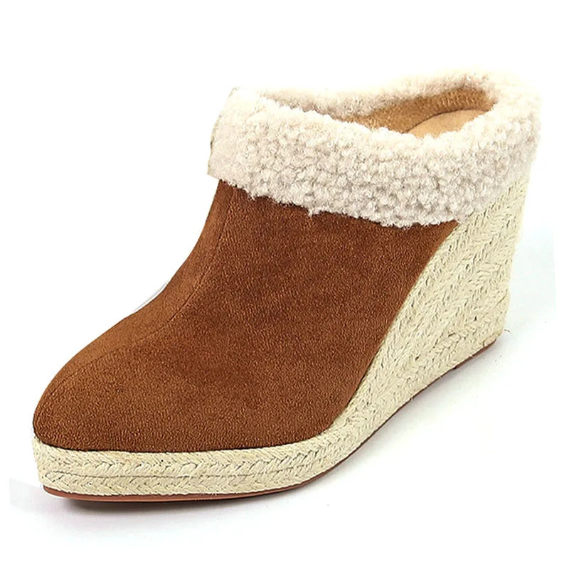 LIHUAMAO Plush lining Wedges heel slipper comfort women mules espadrilles shoes platform pumps comfort slip on loafers sandals 250213