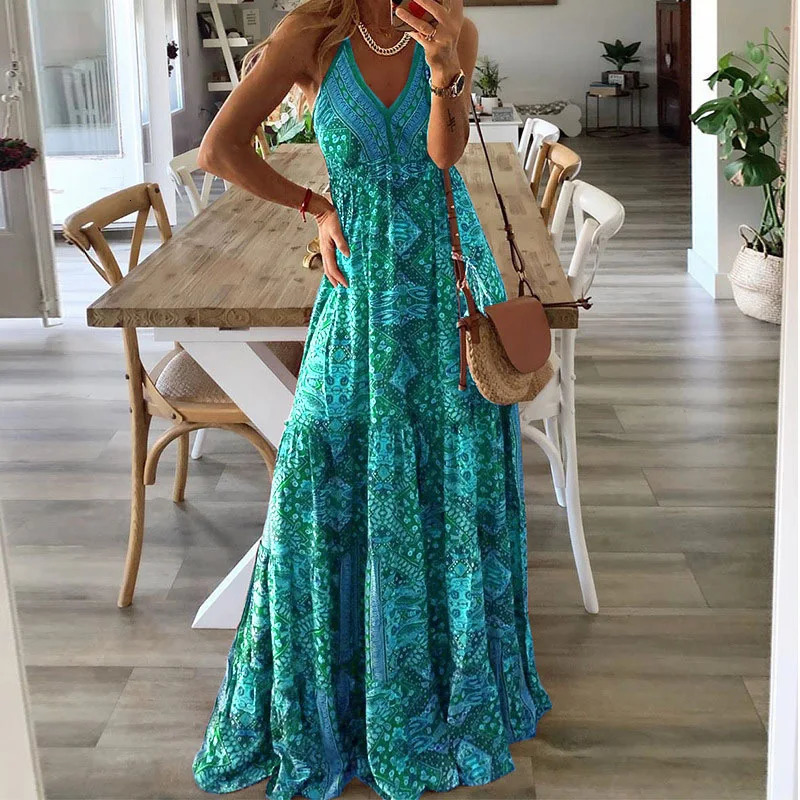 Spaghetti Strap Dresses For Women Vintage Printed Bohemian Style Beach Dress Fashion Sexy V-neck Lady Maxi A-line Dresses 250213