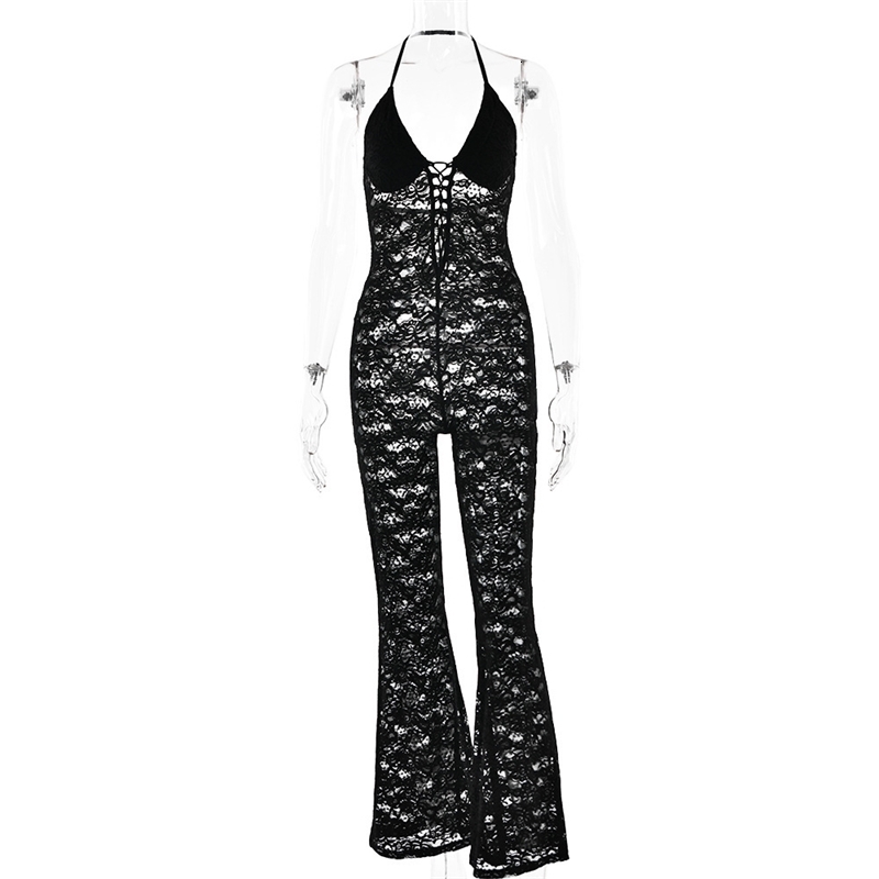Women Jumpsuits Spring New Sexy Fashion Hollow Lace Perspective Backless Hanging Neck Slim Fit Rompers Summer