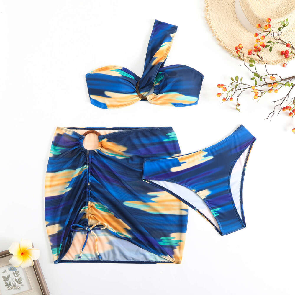 Langxin 2025 New Split Bikini Three Piece Set Printed Sexy Single Shoulder Drawstring Swimsuit Triangl Bikini Designer Swimsuit Women Swimwear Sexy Ne