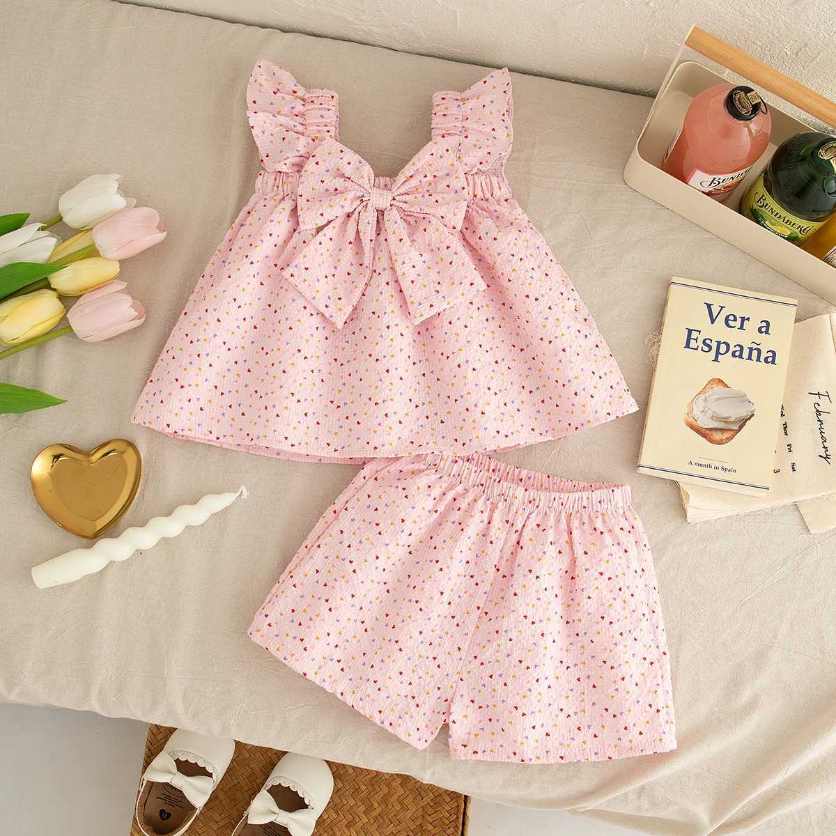 Girls Set 0-3 Years Old Summer New Bow Little Heart Flying Sleeve Camisole Top+Same Sle Shorts Two-Piece Set W250218