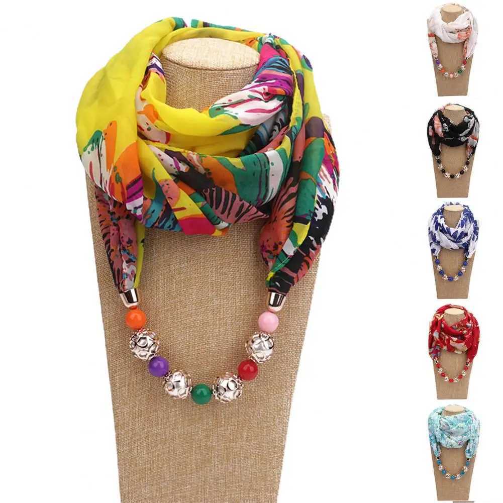 Beads Pendant Floral Print Necklace Scarf Simple Ethnic Style Vintage Chiffon Scarf Necklace Shl For Home Scarf With Necklace W250218